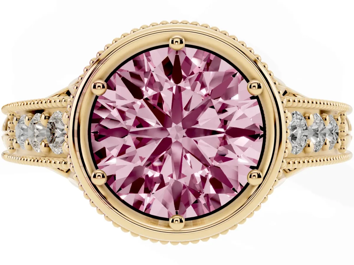 Fancy Pink Bezel Set Round Cut Diamond Milgrain Pave Engagement Ring Yellow gold