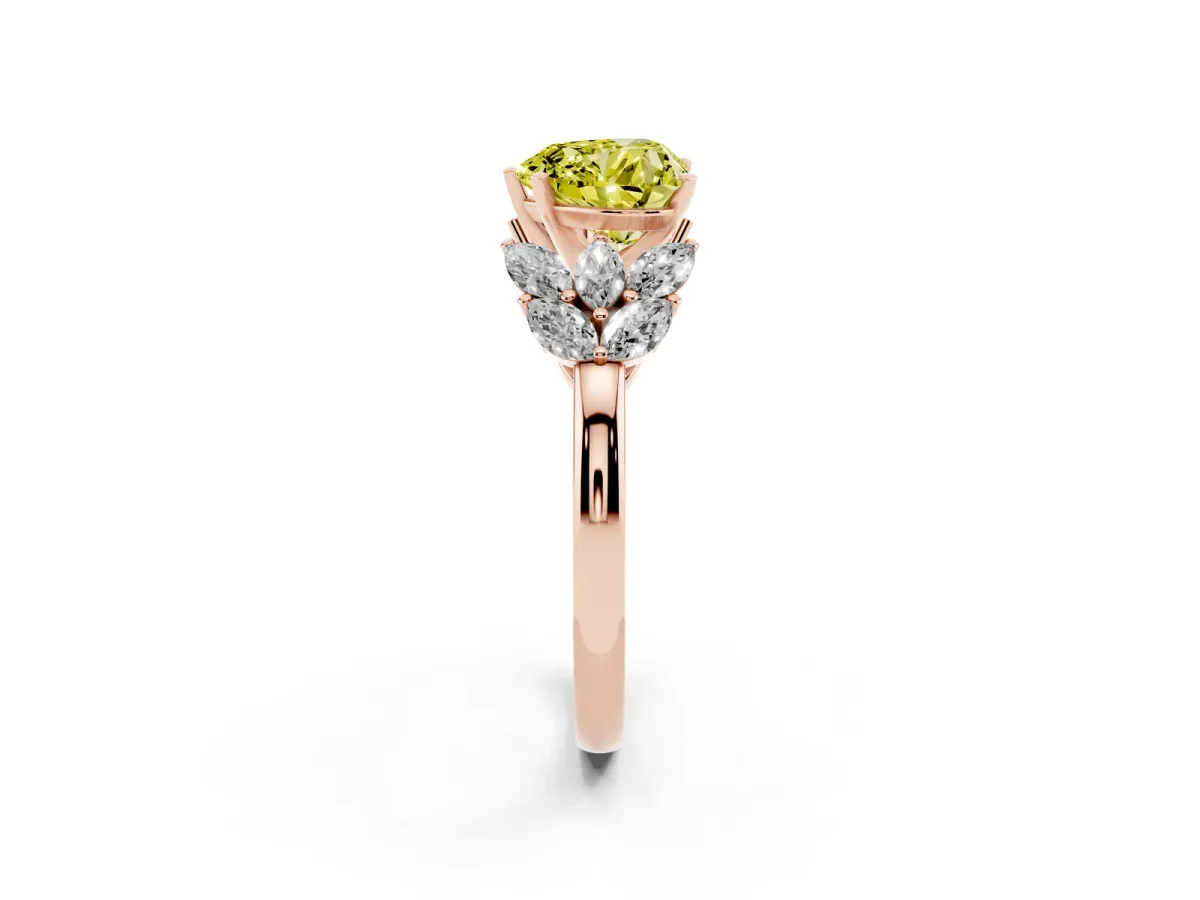 Fancy Yellow Heart Cut Diamond Cluster Leaf Design Ring with Prong Setting Rose gold