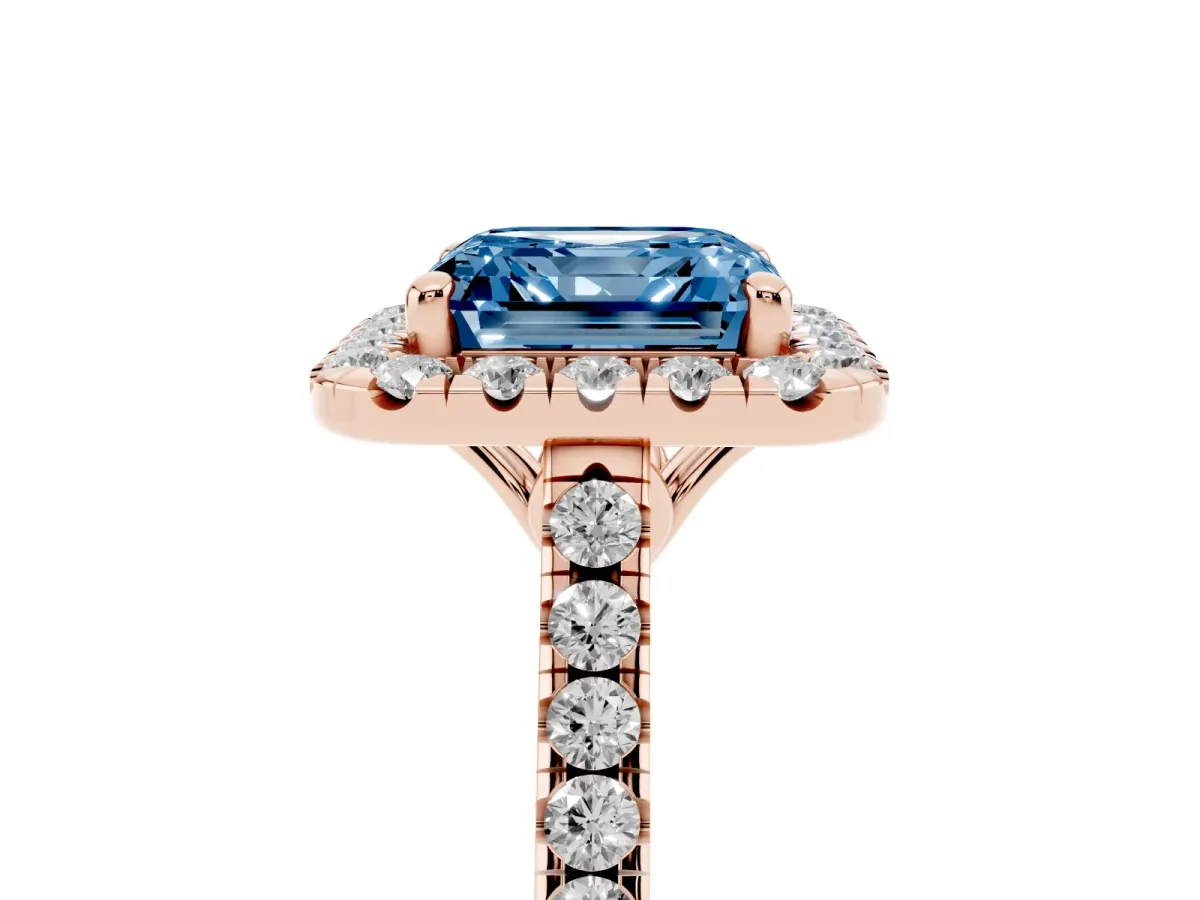 Fancy Blue Asscher Cut Halo Pavé Diamond Engagement Ring with Four-Prong Setting Rose gold