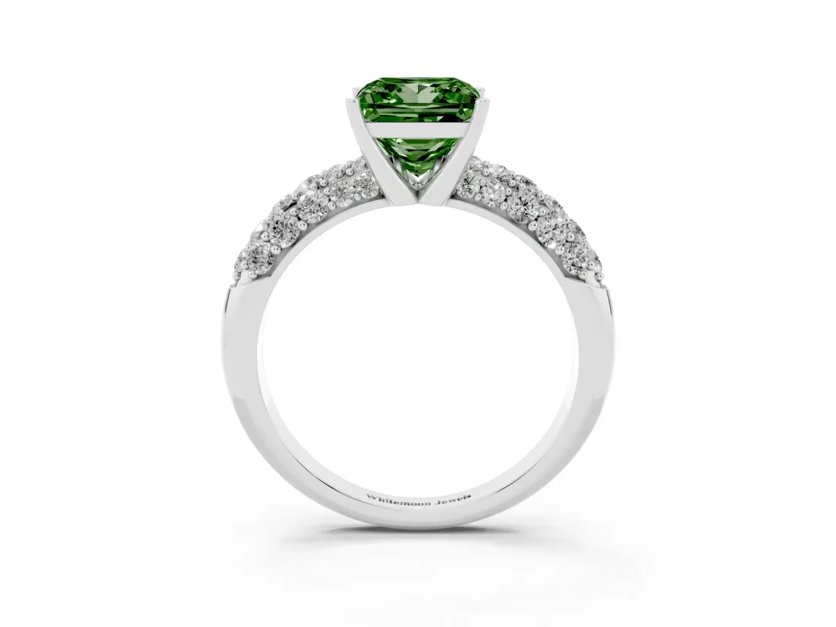 Fancy Green Princess Cut Diamond Pavé Band Solitaire Ring with Four-Prong Setting Silver
