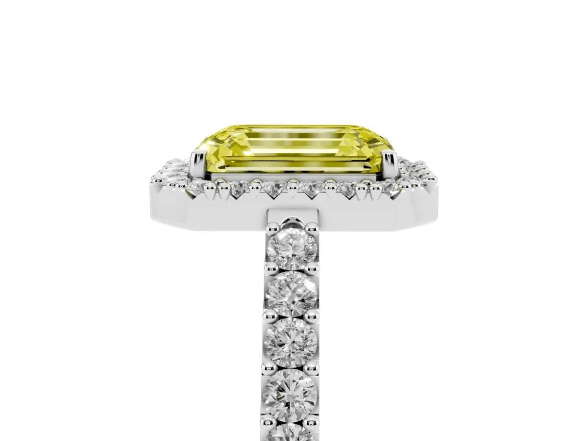 Fancy Yellow Emerald Cut Halo Diamond Pavé Solitaire Ring Silver