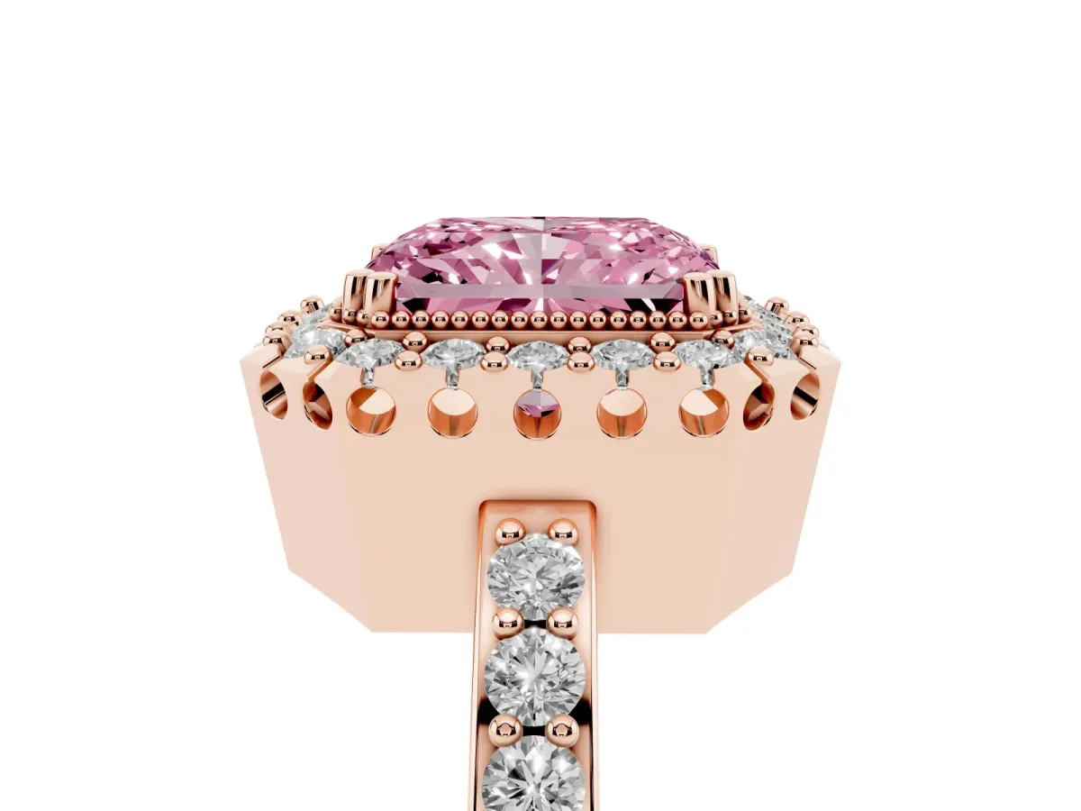 Fancy Pink Radiant Cut Diamond Halo Ring with Pavé Band and Prong Setting Rose gold