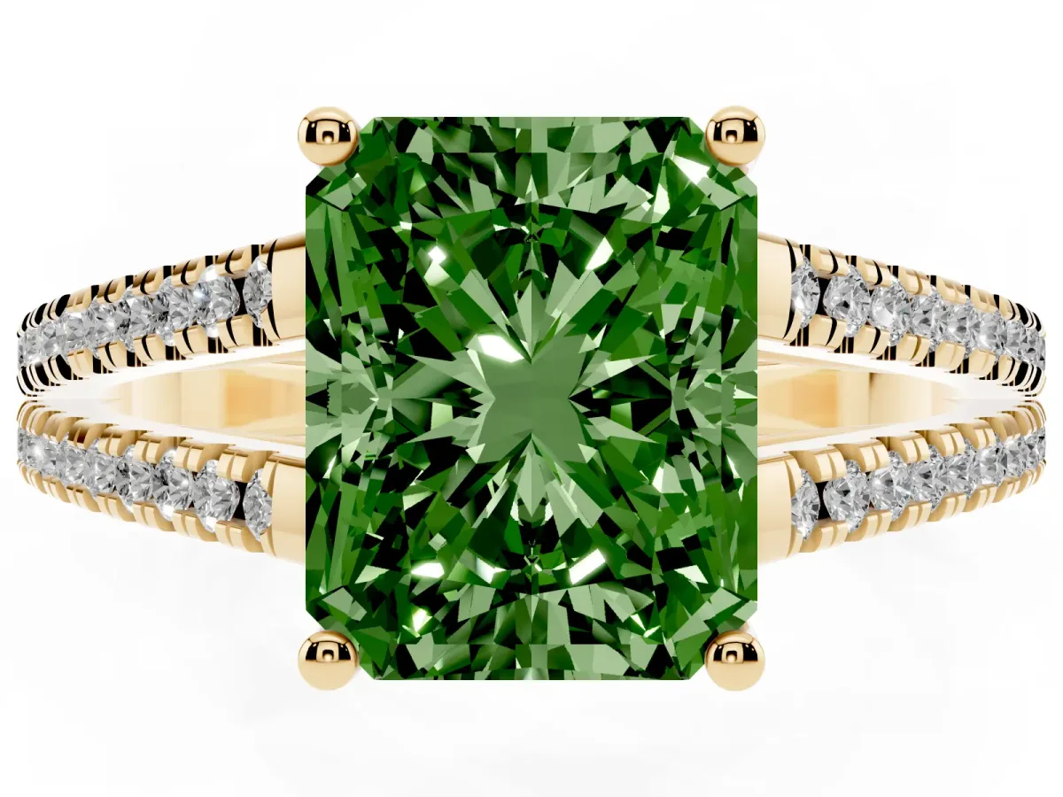 Fancy Green Radiant Cut Diamond Solitaire Engagement Ring with Split Shank Pavé Band Yellow gold