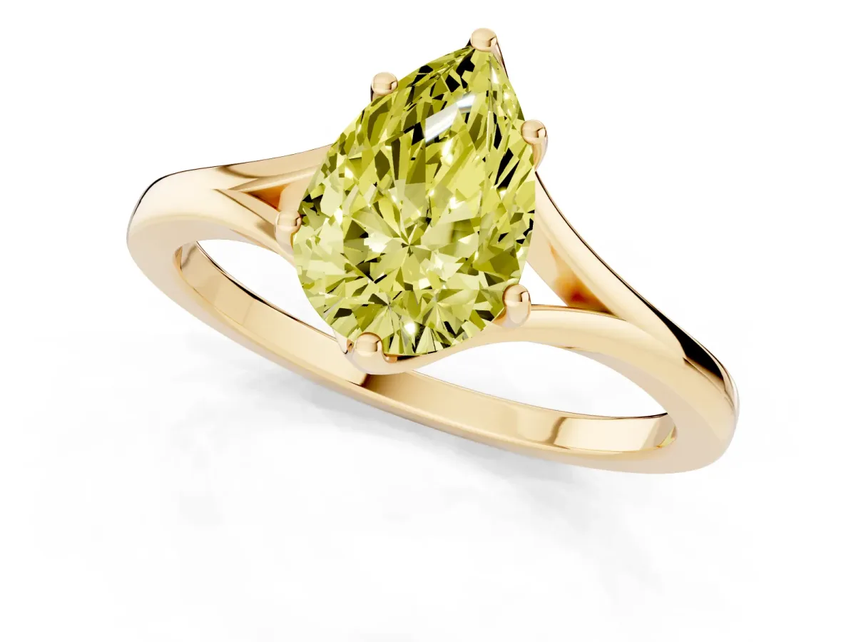 Fancy Yellow Pear Cut Solitaire Diamond Ring with Six-Prong Setting and Tapered Band Yellow gold