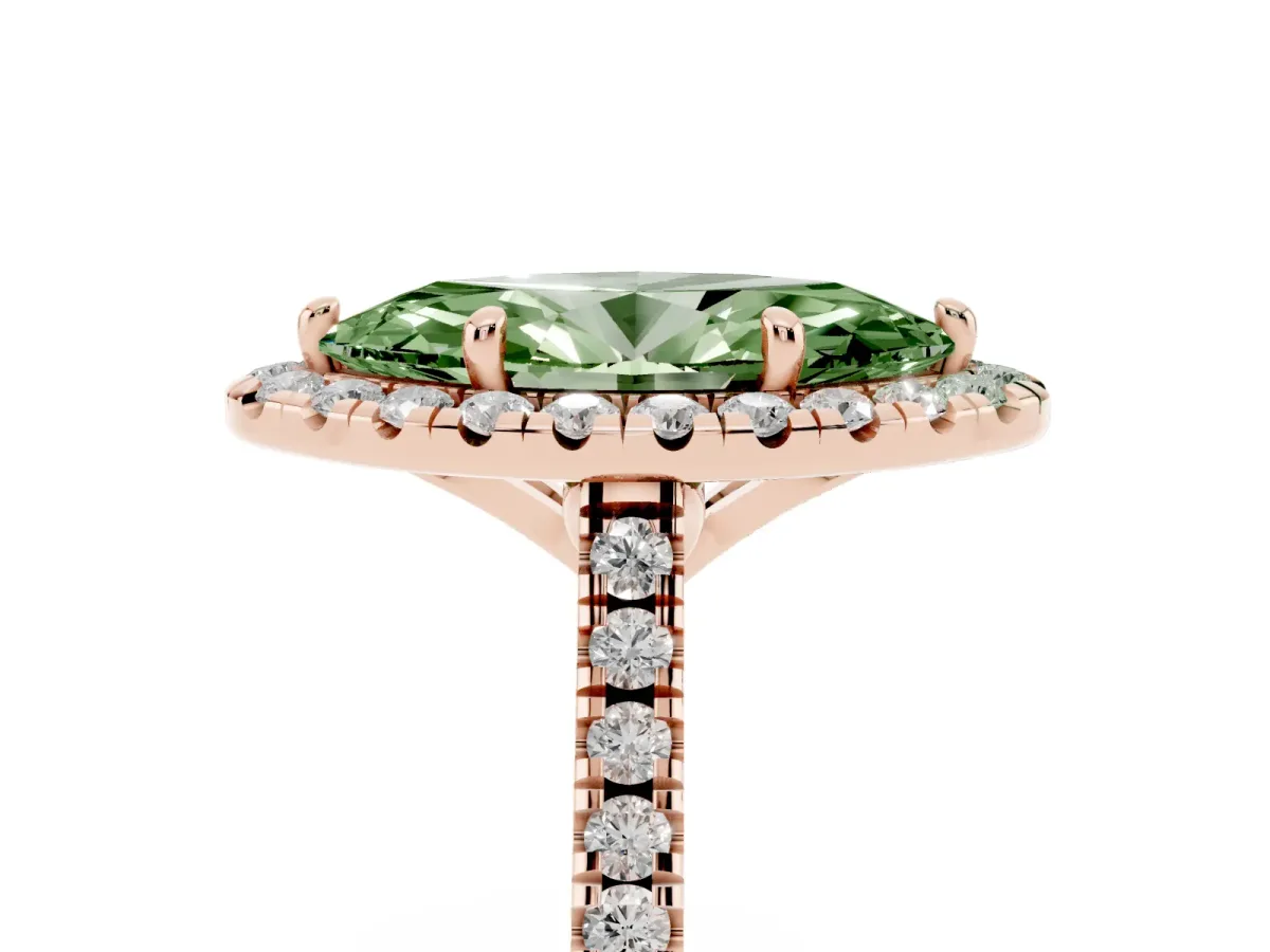 Fancy Green Marquise Cut Diamond Cushion Halo Ring with Pavé Band Rose gold