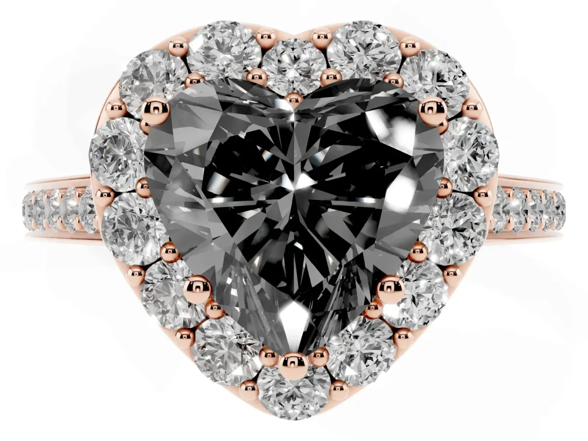 Fancy Black Heart Cut Diamond Floral Halo Ring with Pavé Band and Prong Setting Rose gold