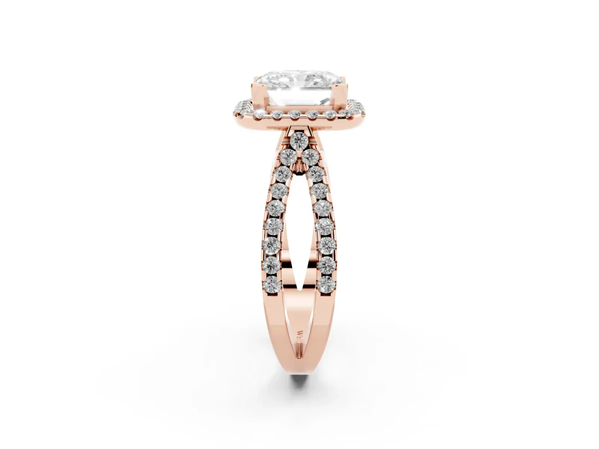 Radiant Cut Diamond Halo Ring with Split Shank Pavé Band and Prong Setting Rose gold