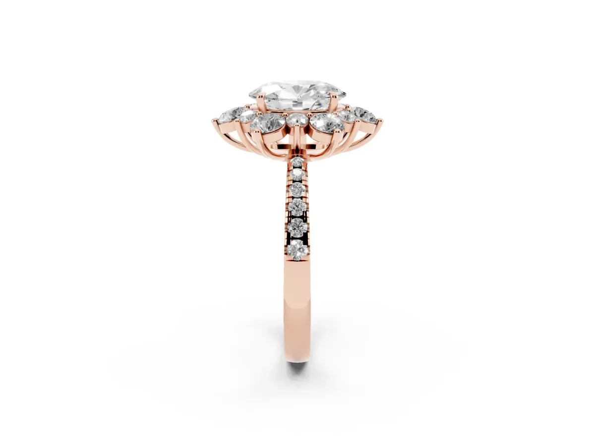 Oval Cut Diamond Floral Halo Ring with Round Pavé Band and Prong Setting Rose gold