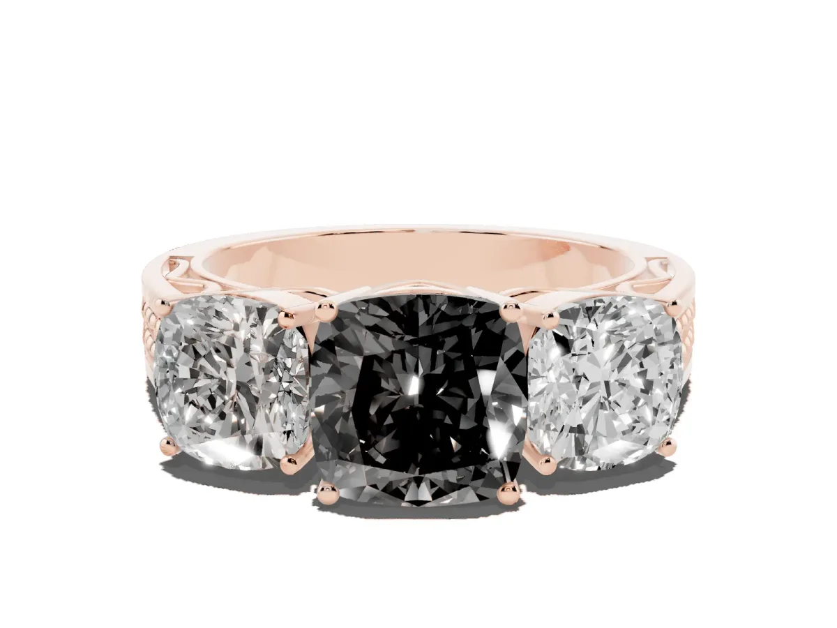 Fancy Black Cushion Cut Diamond Three-Stone Ring with Prong Setting and Textured Band Rose gold