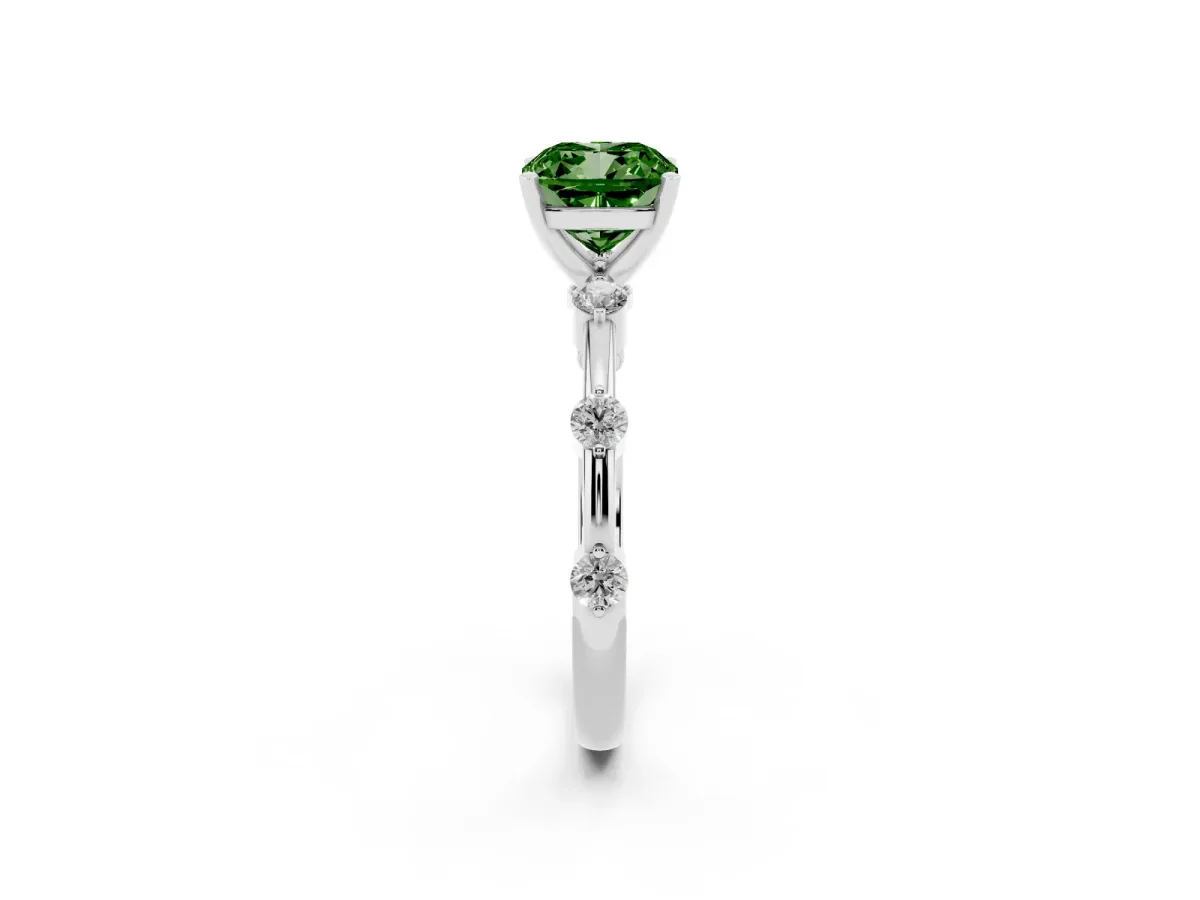 Fancy Green Cushion Cut Solitaire Diamond Ring with Bezel Set Side Stones and Prong Setting Silver
