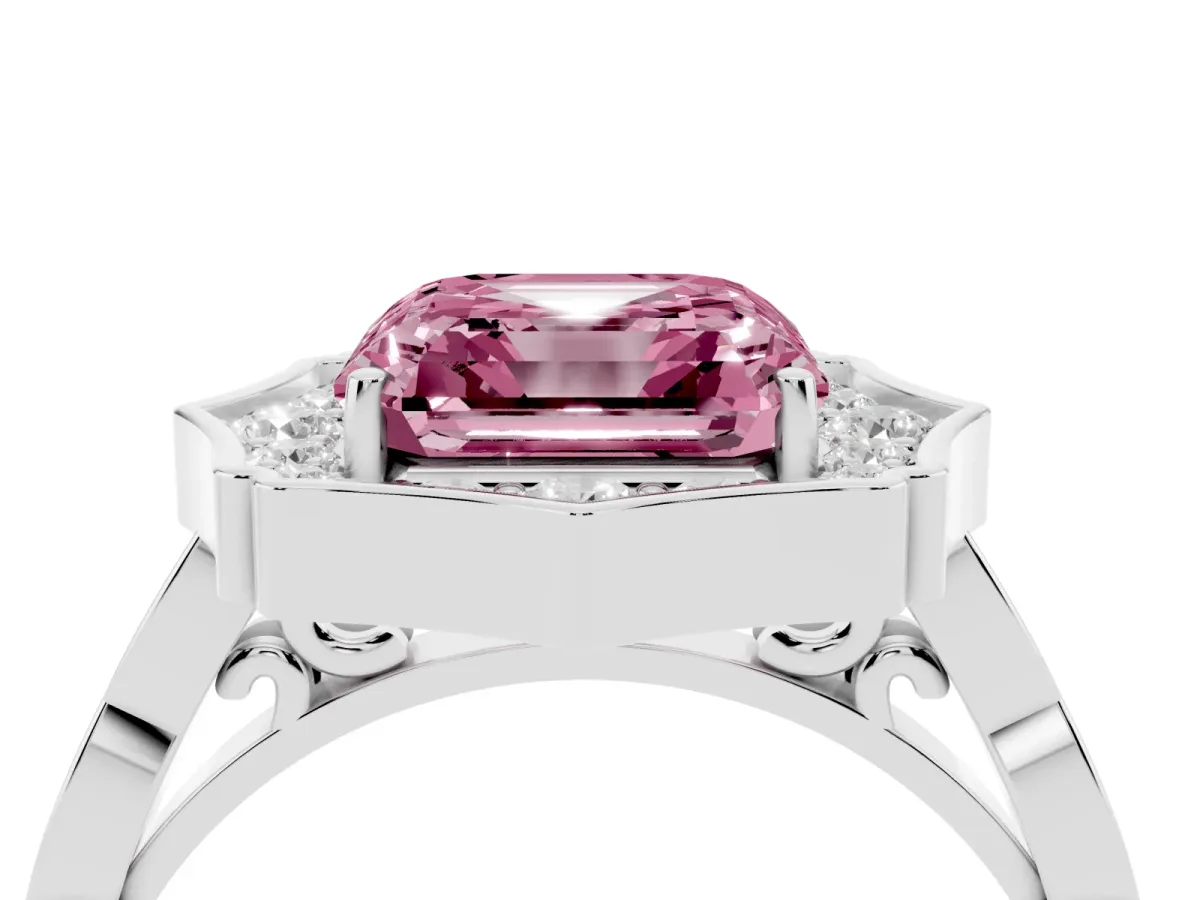Fancy Pink Asscher Cut Halo Diamond Engagement Ring with Milgrain Band and Four-Prong Setting Platinum