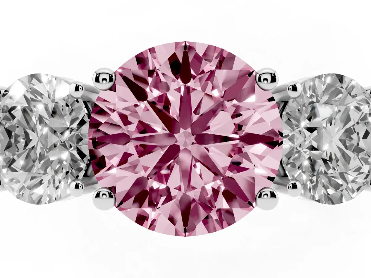 Fancy Pink Three-Stone Round Cut Cut Diamond Engagement Ring with Flat Band and Four-Prong Setting Silver