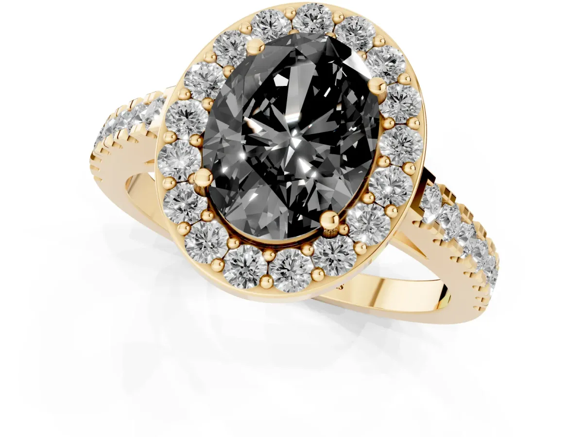 Fancy Black Oval Cut Diamond Halo Ring with Round Pavé Split Shank and Prong Setting Yellow gold