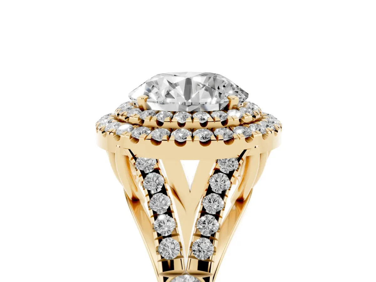 Round Cut Cut Double Halo Split Shank Diamond Ring with Prong Setting Yellow gold