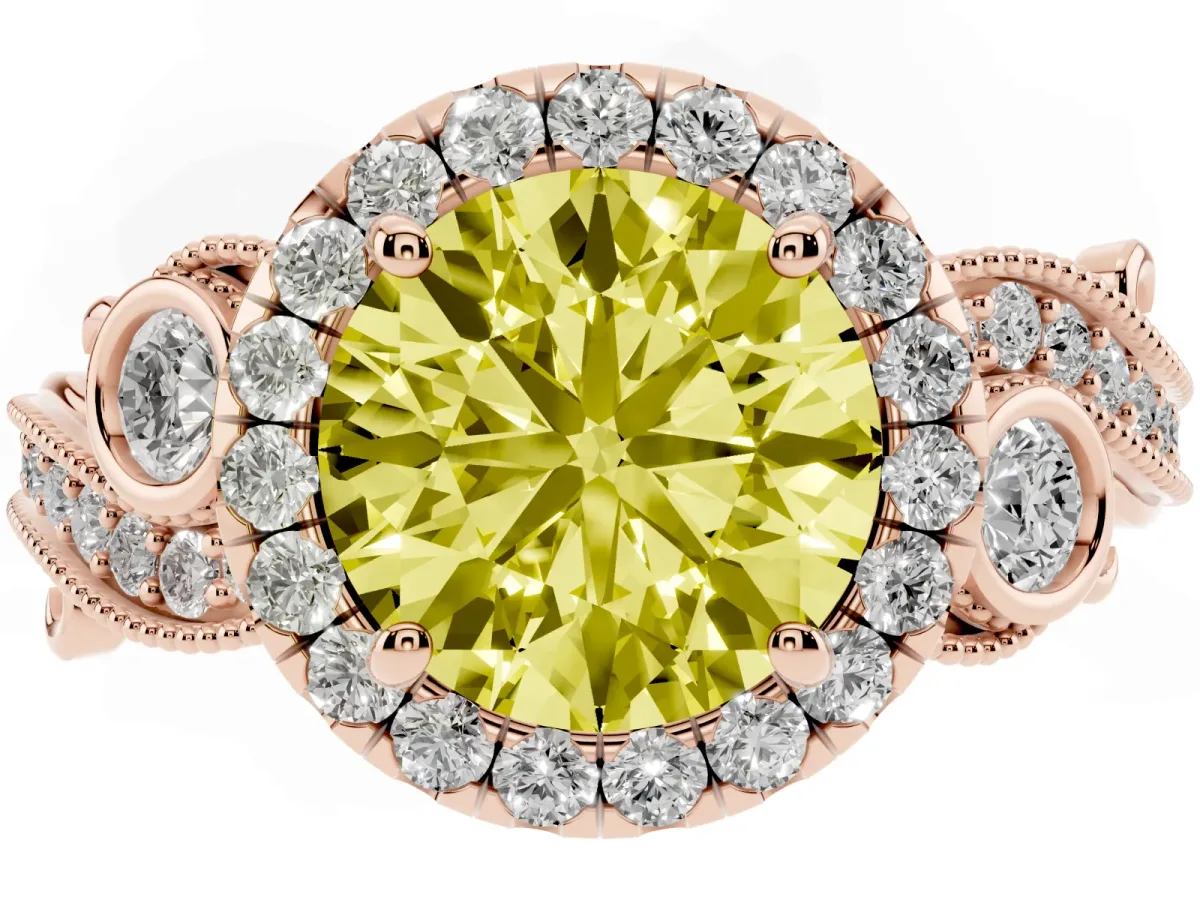 Fancy Yellow Round Cut Halo Diamond Ring with Milgrain and Bezel Accents on a Split Shank Band Rose gold