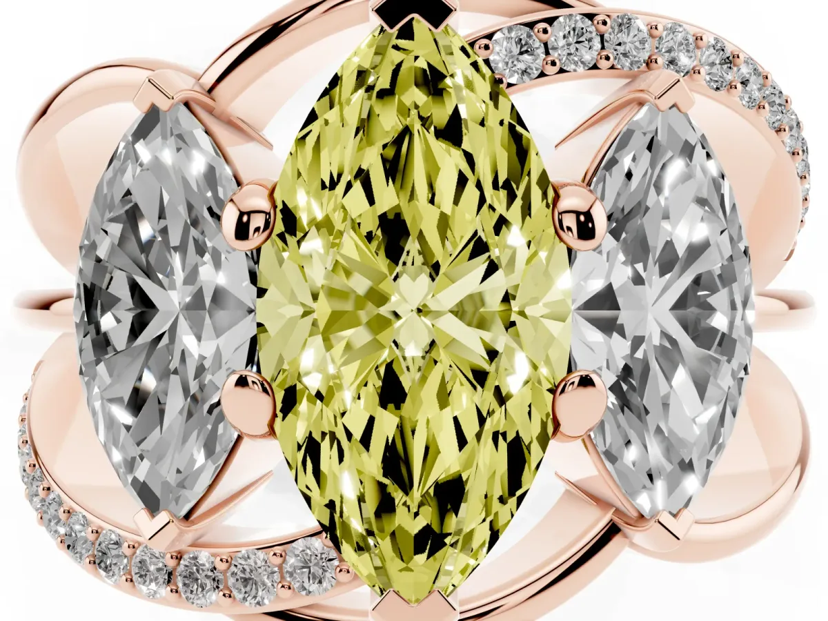 Fancy Yellow Three-Stone Marquise Cut Cut Diamond Split Shank Prong Set Ring Rose gold