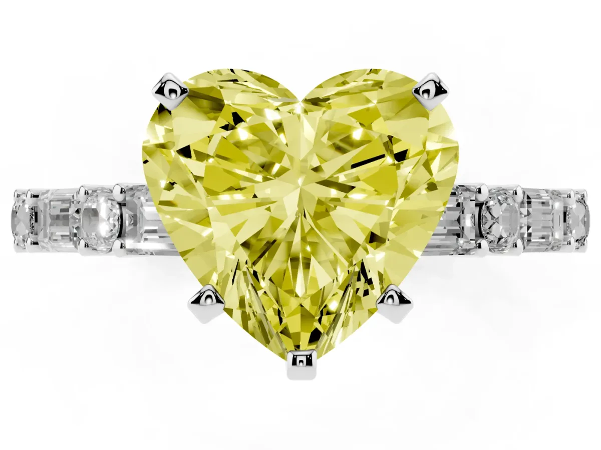 Fancy Yellow Heart Cut Diamond Solitaire with Side Baguettes and Channel Set Band Silver