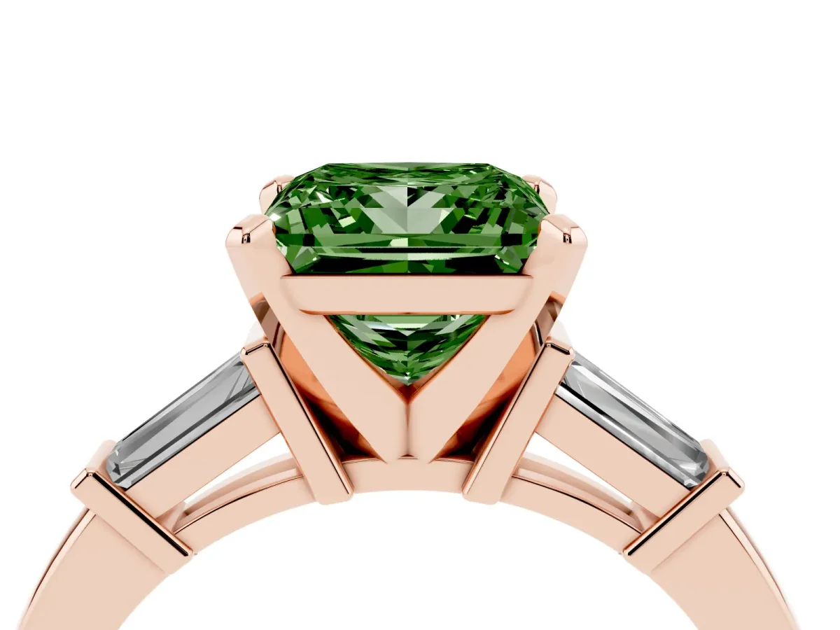 Fancy Green Princess Cut Cut Diamond Solitaire Ring with Tapered Baguette Accents and Four-Prong Setting Rose gold