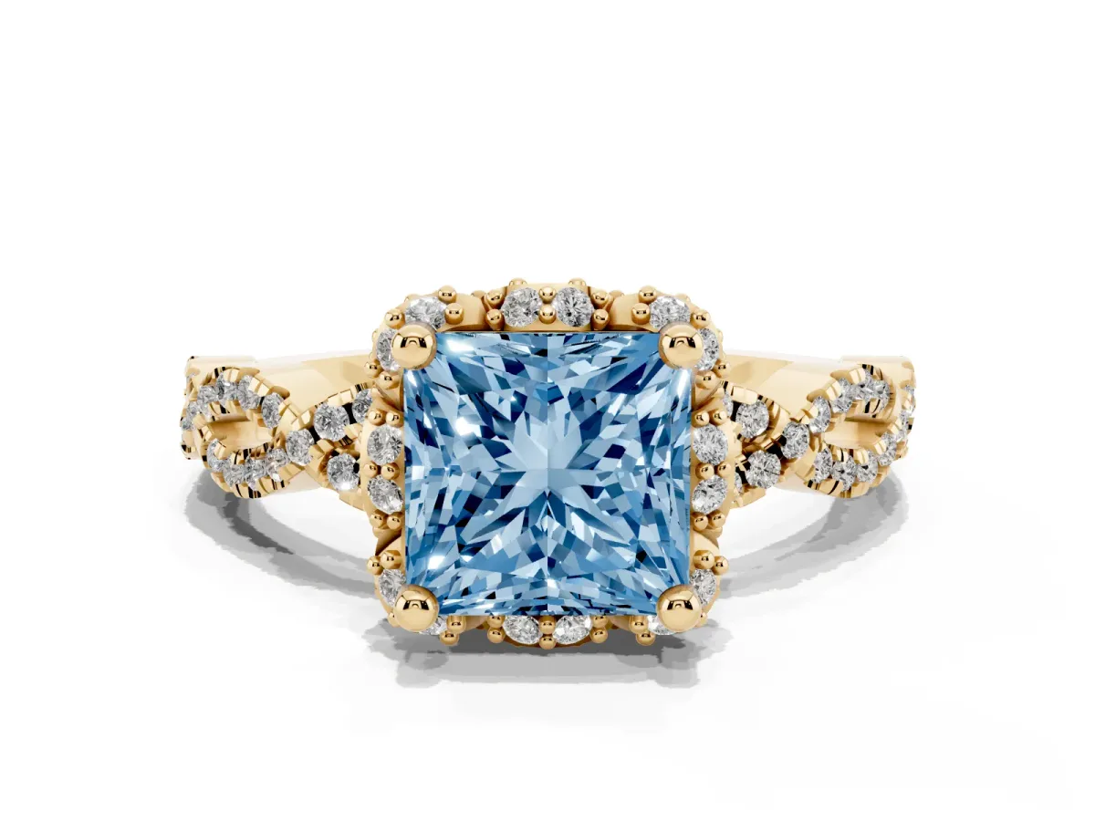 Fancy Blue Princess Cut Halo Twist Band Solitaire Ring with Six-Prong Setting Yellow gold