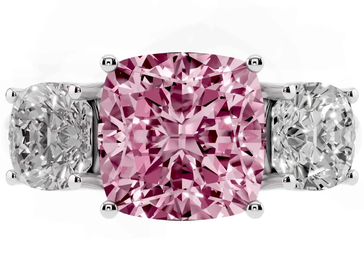 Fancy Pink Three-Stone Cushion Cut Diamond Engagement Ring with Prong Setting Platinum