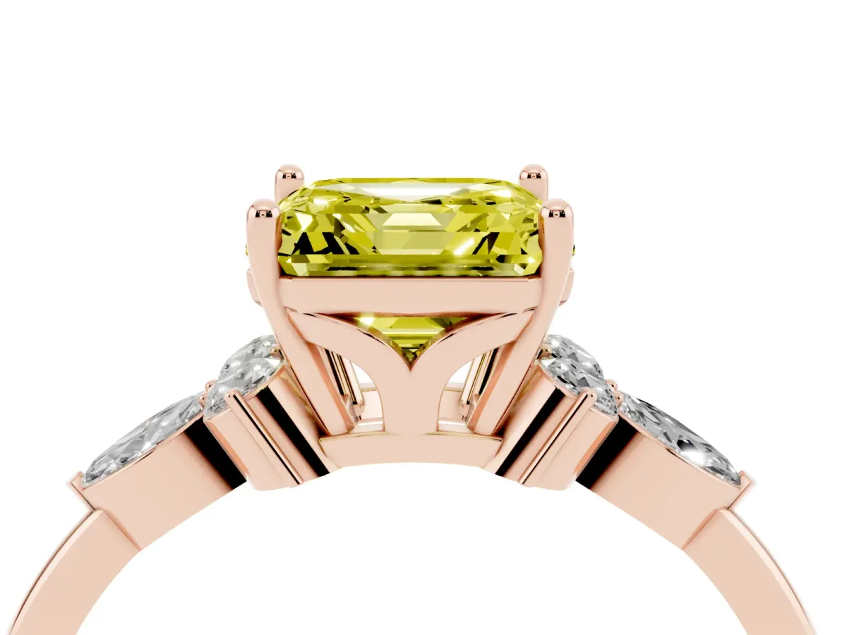 Fancy Yellow Asscher Cut Brilliant Diamond Solitaire Ring with Pear Side Stones and Four-Prong Setting Rose gold