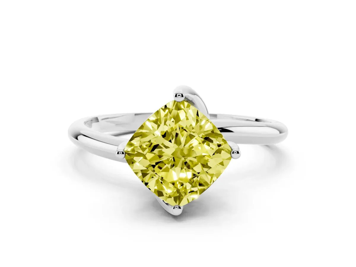 Fancy Yellow Cushion Cut Diamond Solitaire Engagement Ring with Four-Prong Setting and Classic Band White gold