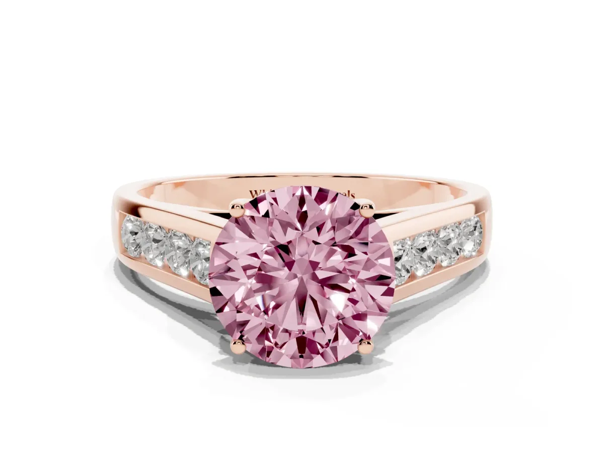 Fancy Pink Round Cut Brilliant Channel-Set Solitaire Ring with Four-Prong Setting Rose gold