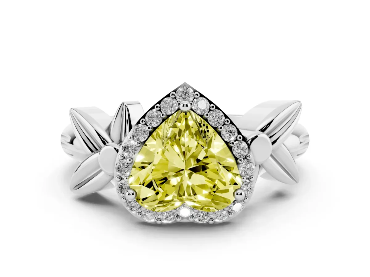 Fancy Yellow Heart Cut Halo Diamond Floral Band with Four-Prong Setting Platinum
