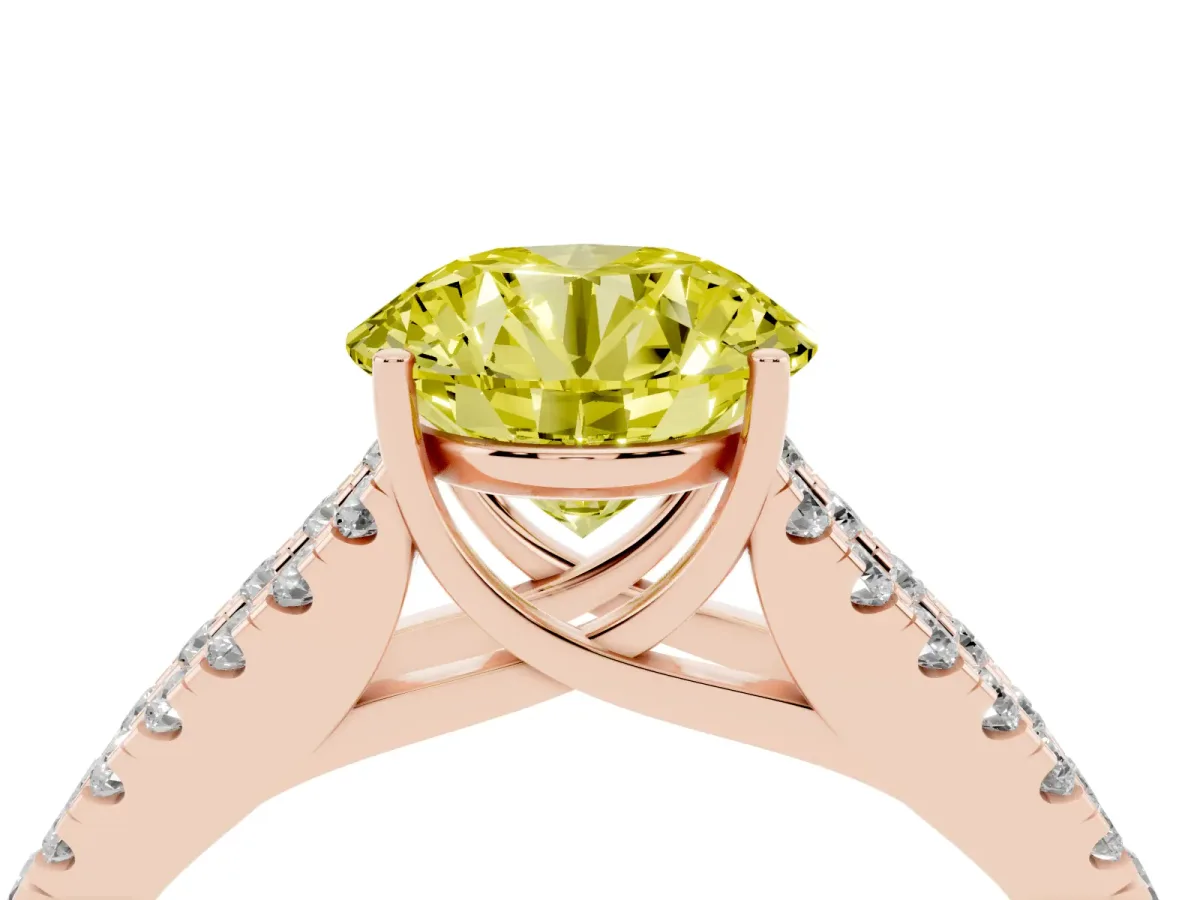 Fancy Yellow Round Cut Diamond Split Shank Pavé Engagement Ring with Four-Prong Setting Rose gold