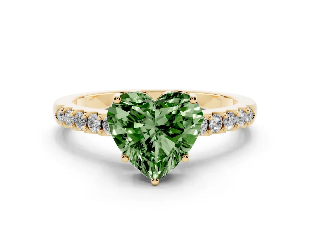 Fancy Green Heart Cut Solitaire Diamond Engagement Ring with Pavé Band and Six-Prong Setting Yellow gold