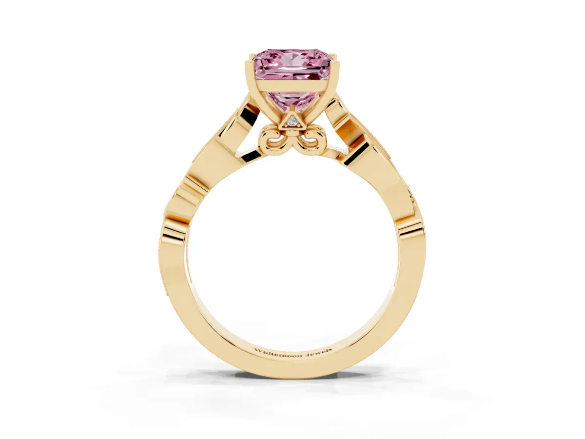 Fancy Pink Princess Cut Solitaire Vine Band with Milgrain Prong Setting Yellow gold