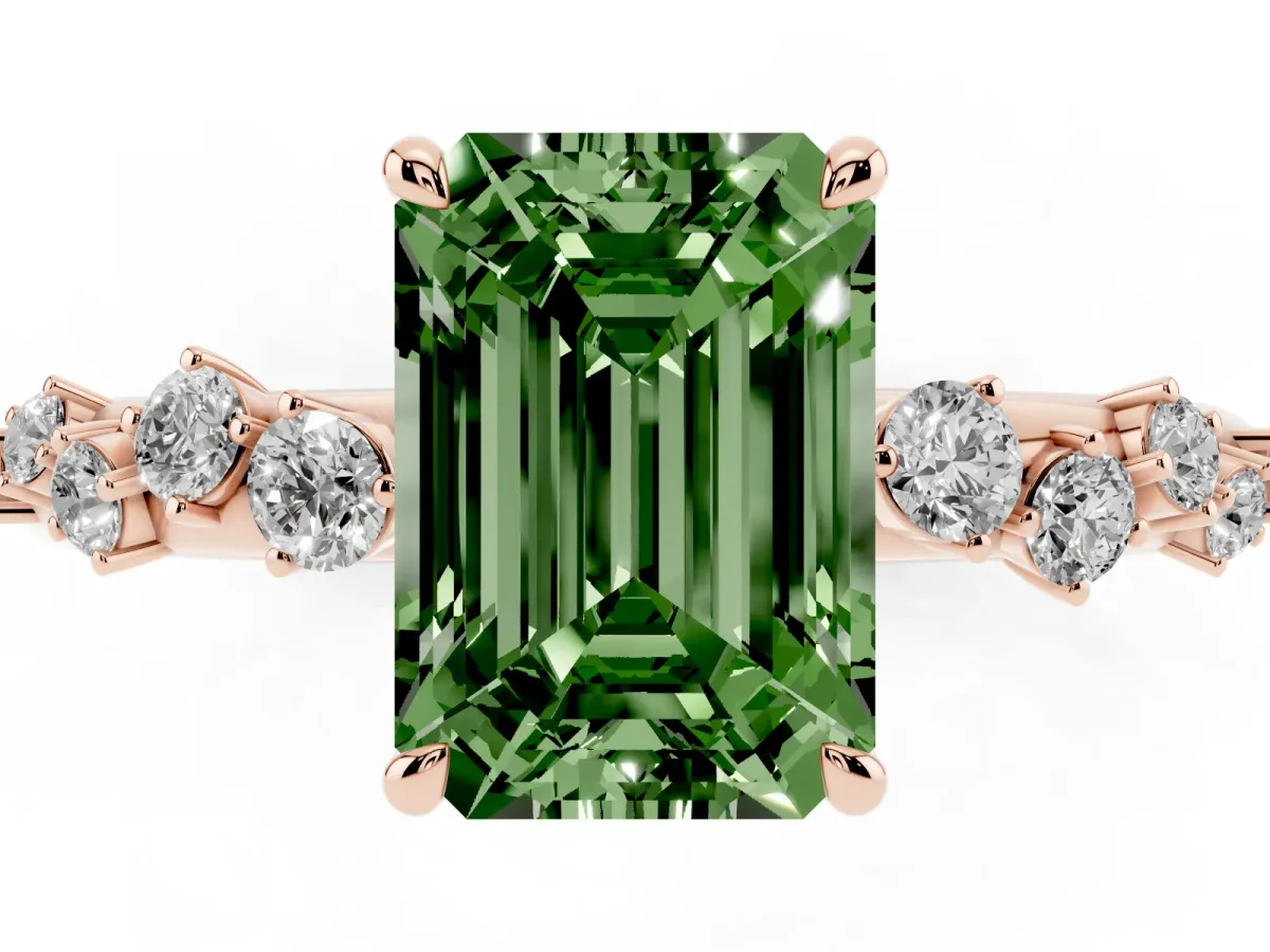 Fancy Green Emerald Cut Diamond Cluster Prong-Set Solitaire Ring Rose gold