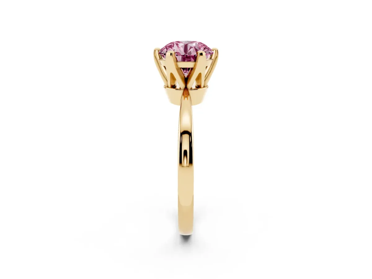 Fancy Pink Round Cut Solitaire Engagement Ring with Six-Prong Setting and Tapered Band Yellow gold