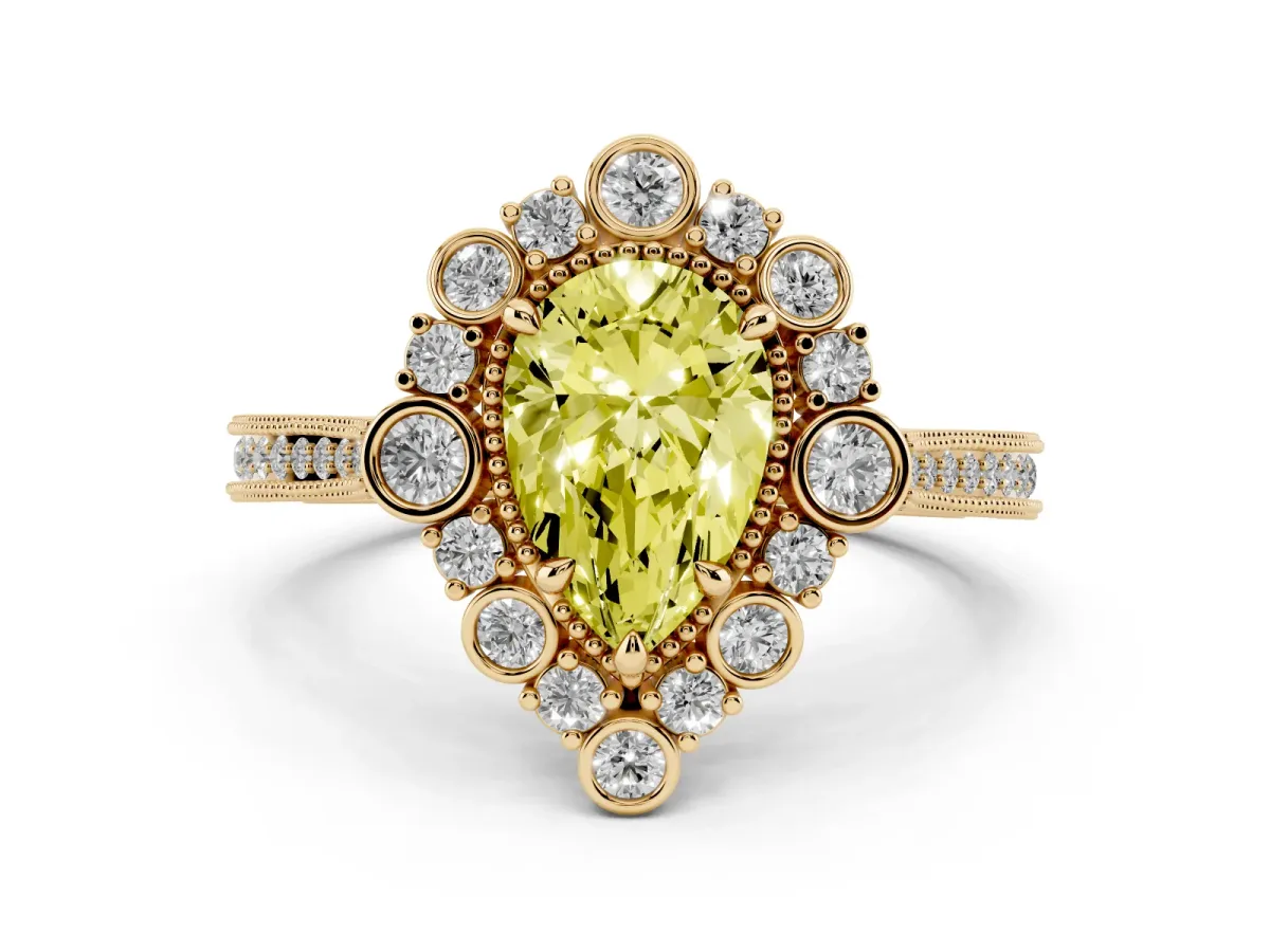 Fancy Yellow Pear Cut Halo Milgrain Pave Diamond Ring with Four-Prong Setting Yellow gold