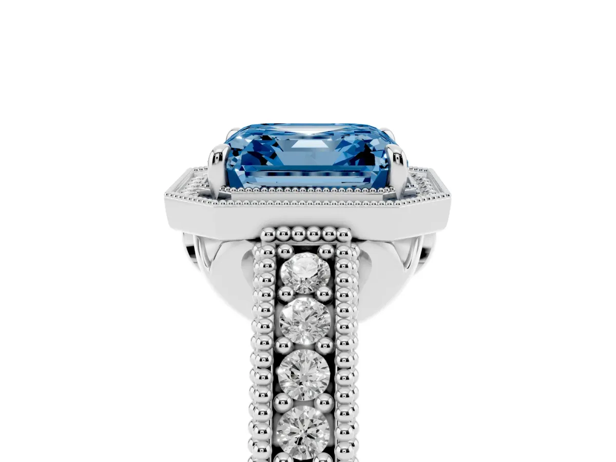 Fancy Blue Asscher Cut Cut Halo Diamond Ring with Pavé Band and Four-Prong Setting Silver