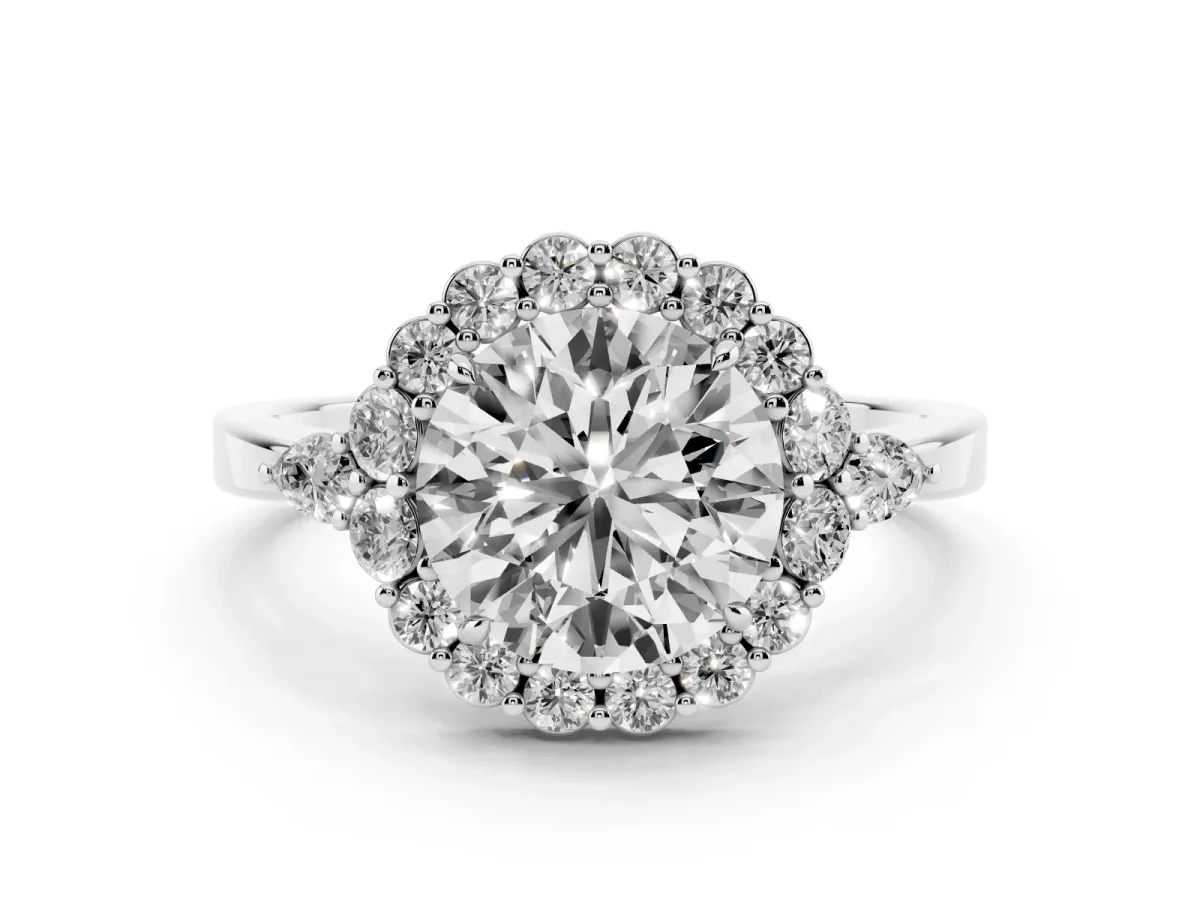 Round Cut Diamond Halo Ring with Pear Side Stones and Prong Setting Platinum