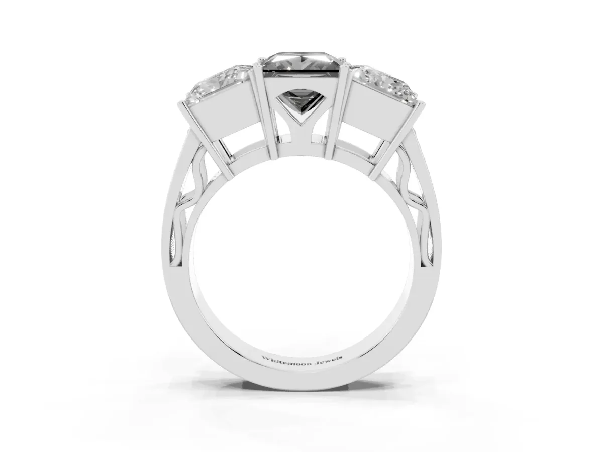 Fancy Black Princess Cut Diamond Three-Stone Ring with Prong Setting and Textured Band Silver