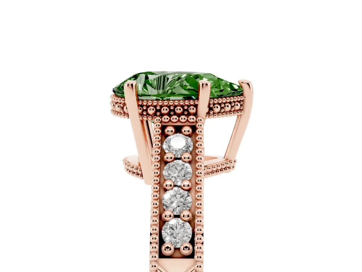 Fancy Green Pear Cut Solitaire Pavé Diamond Milgrain Engagement Ring with Four-Prong Setting Rose gold