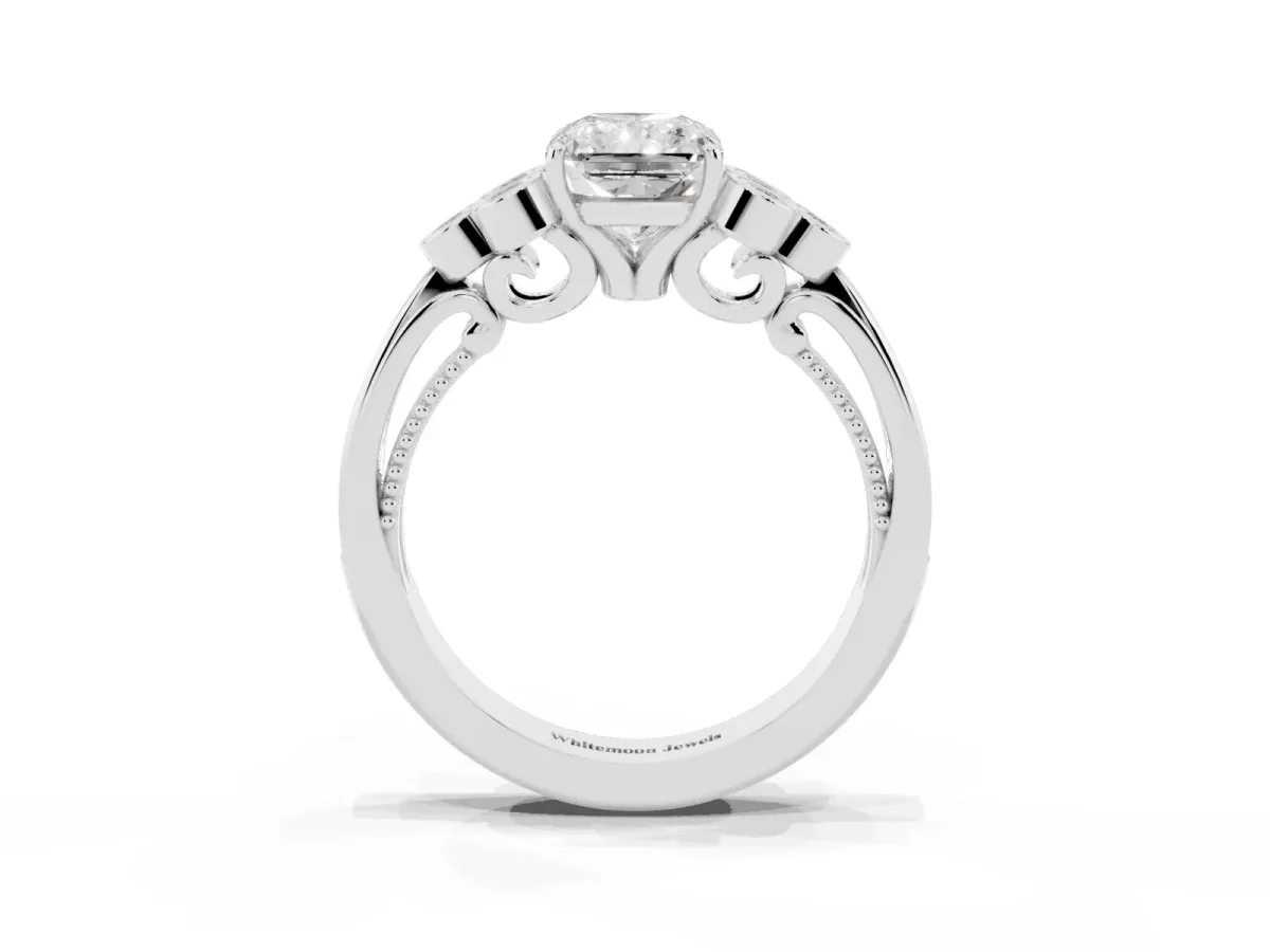 Radiant Cut Cut Diamond Engagement Ring with Bezel Set Round Side Stones and Prong Setting Silver