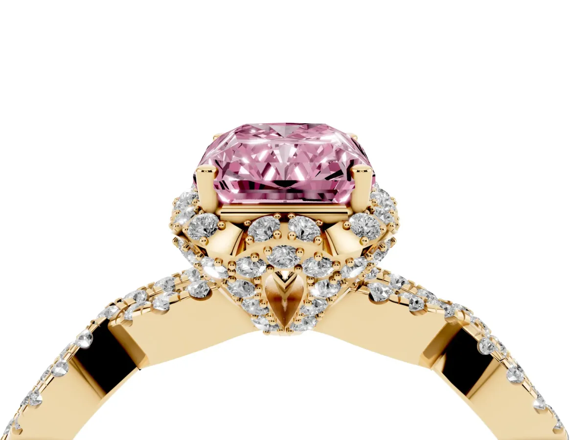 Fancy Pink Radiant Cut Halo Twist Band Solitaire Ring with Six-Prong Setting Yellow gold