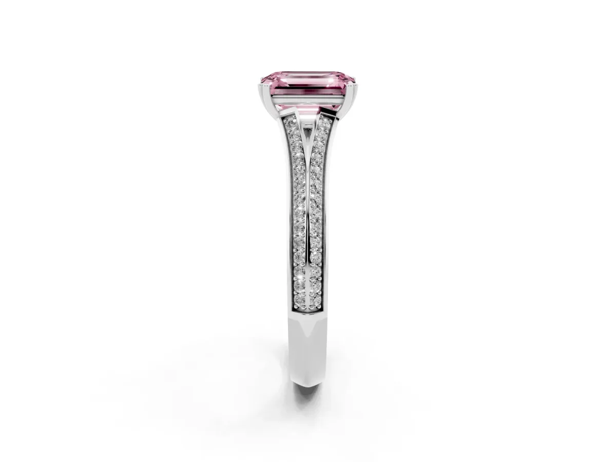 Fancy Pink Emerald Cut Diamond Split Shank Engagement Ring with Pavé Band Platinum