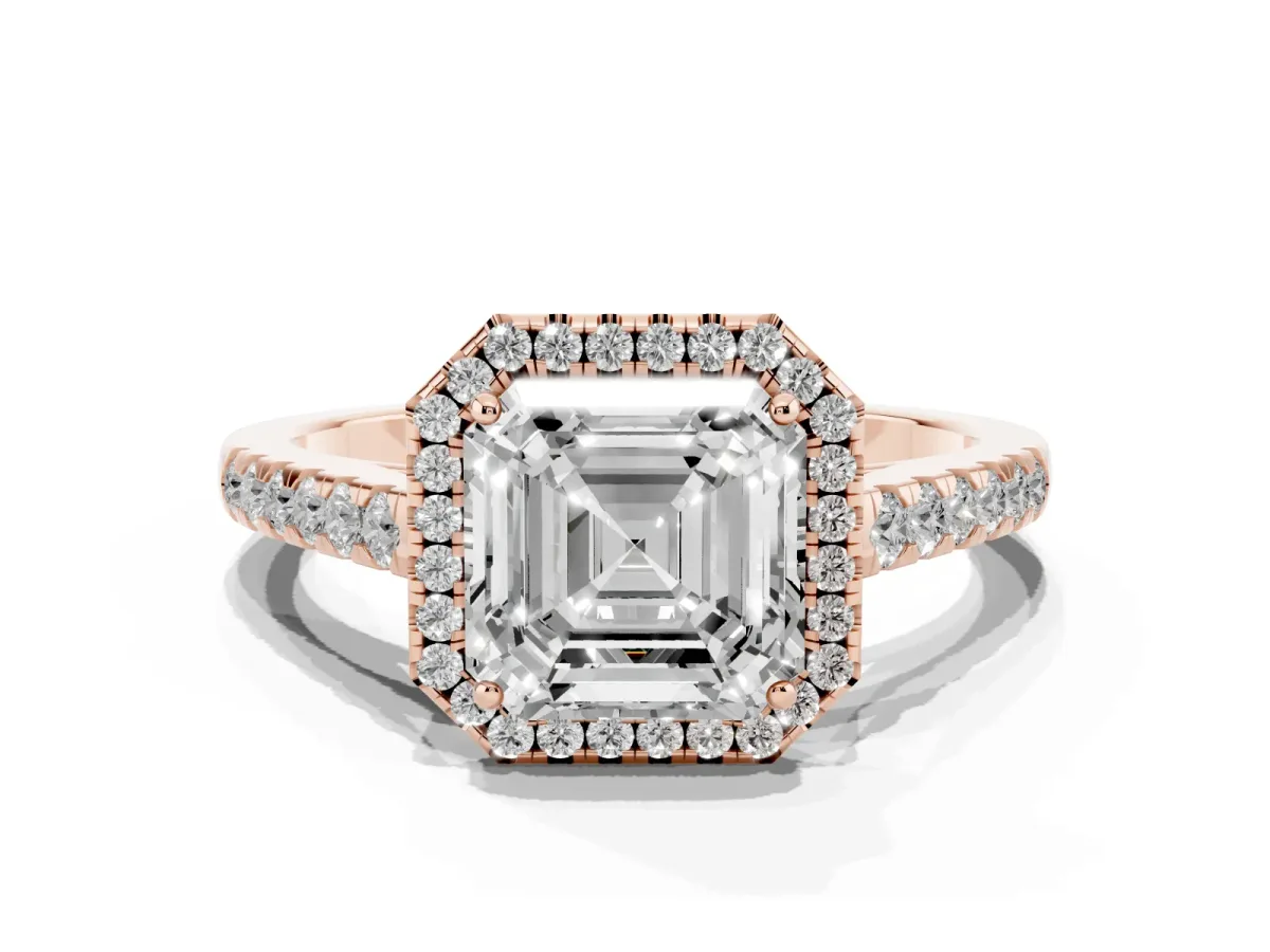 Asscher Cut Halo Pave Diamond Engagement Ring with Four-Prong Setting Rose gold