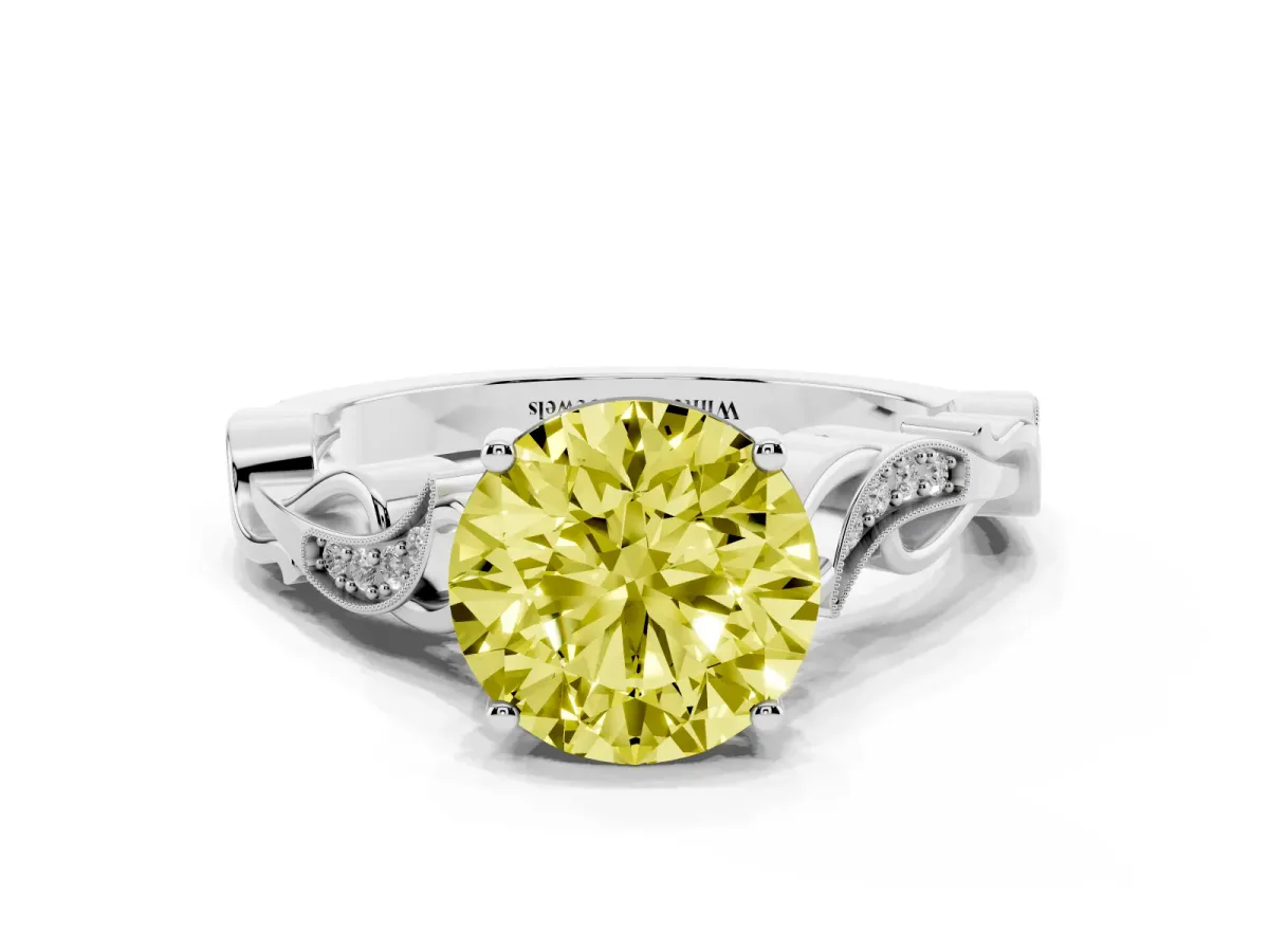 Fancy Yellow Round Cut Solitaire Vine Band with Milgrain Prong Setting Silver