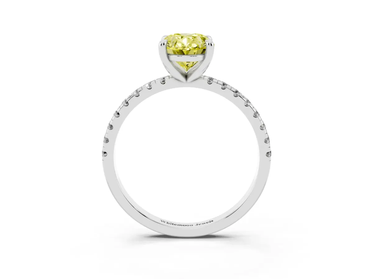 Fancy Yellow Oval Cut Diamond Brilliant Solitaire Ring with Pavé Band and Four-Prong Setting Silver