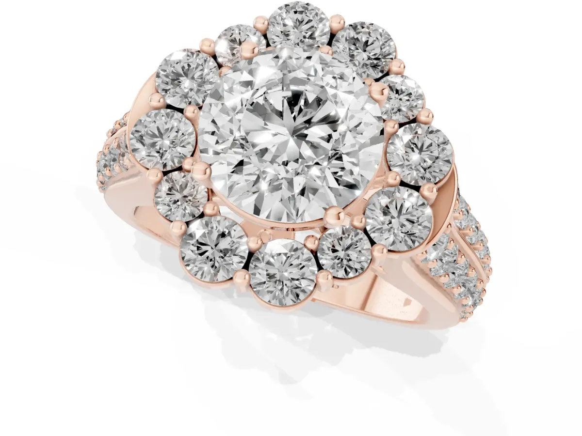 Round Cut Halo Diamond Engagement Ring with Split Shank and Prong Setting Rose gold