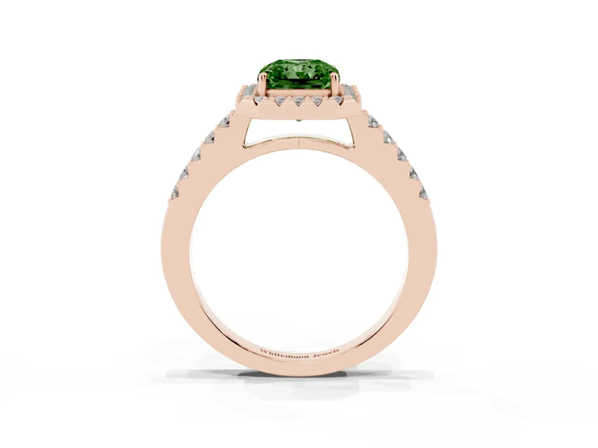 Fancy Green Radiant Cut Halo Diamond Pavé Solitaire Ring Rose gold