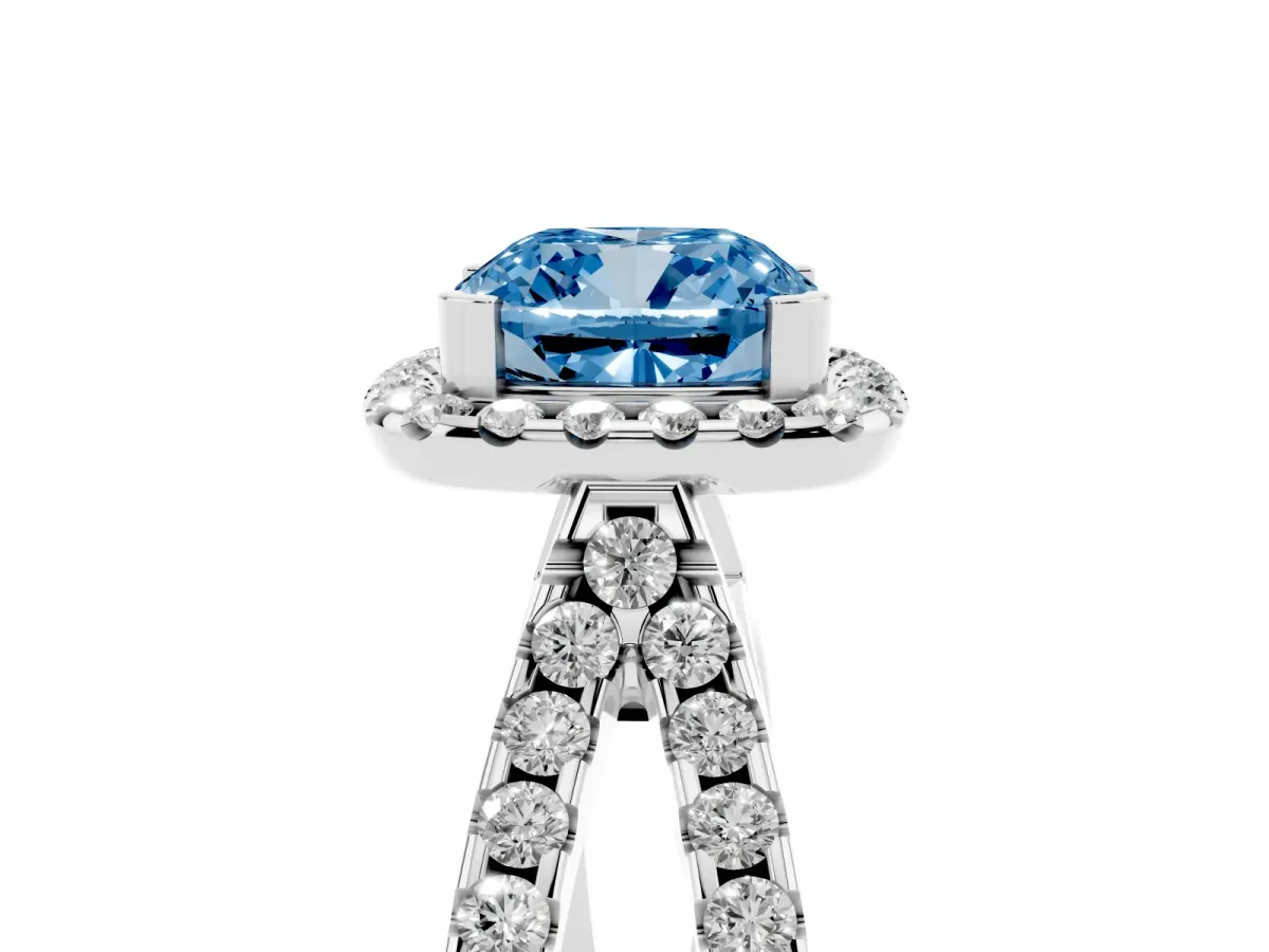 Fancy Blue Cushion Cut Diamond Halo Ring with Split Shank Pavé Band and Prong Setting Silver