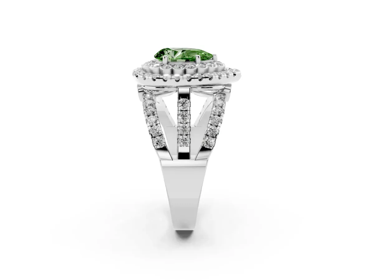 Fancy Green Pear Cut Diamond Double Halo Ring with Round Pavé Split Shank and Prong Setting Silver
