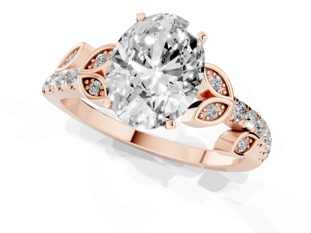 Oval Cut Solitaire Leaf-Inspired Diamond Ring with Pavé Band and Four-Prong Setting Rose gold