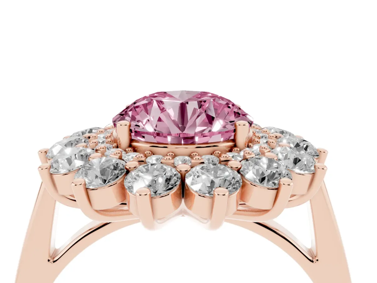Fancy Pink Round Cut Diamond Floral Double Halo Engagement Ring with Prong Setting Rose gold